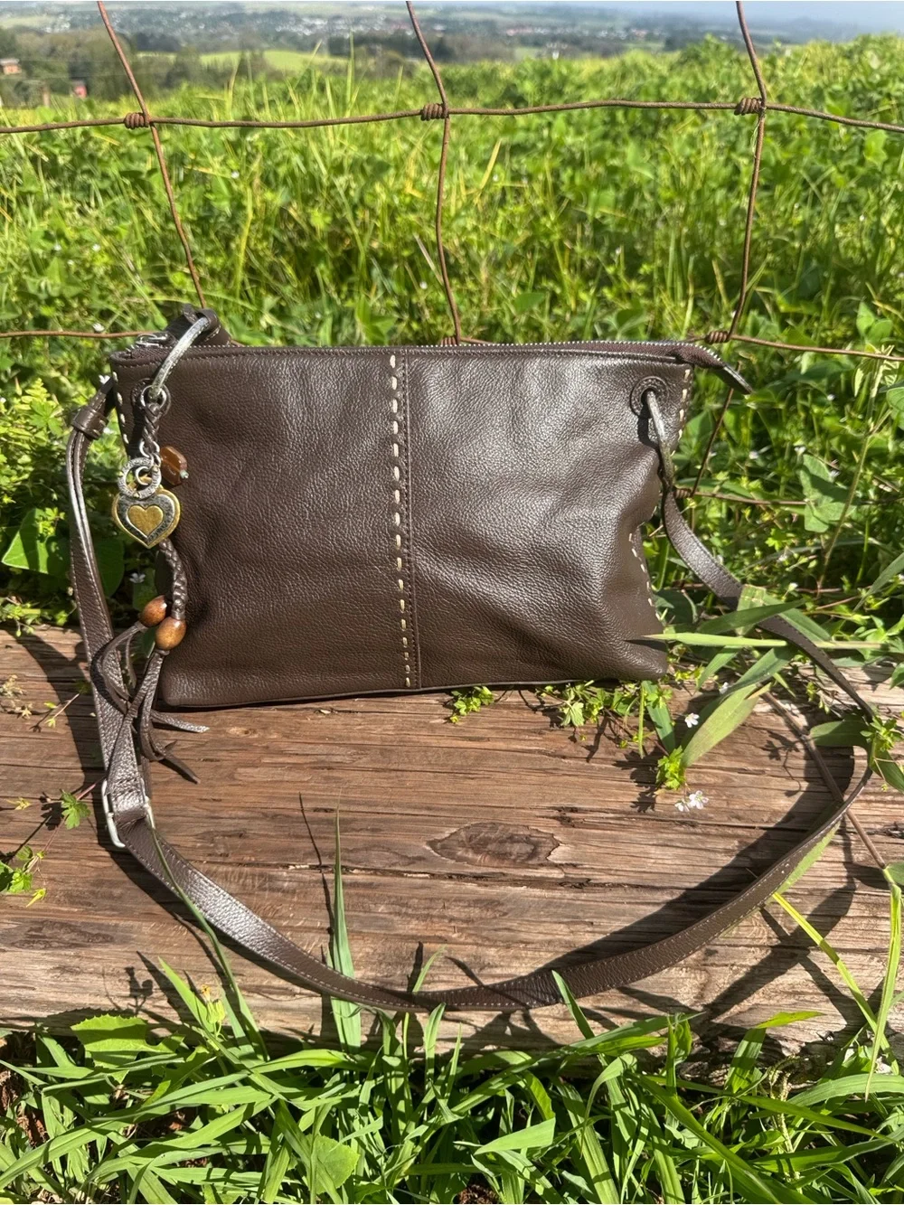 Brighton Koda Brown Leather Hobo Crossbody Tassle heart F367405